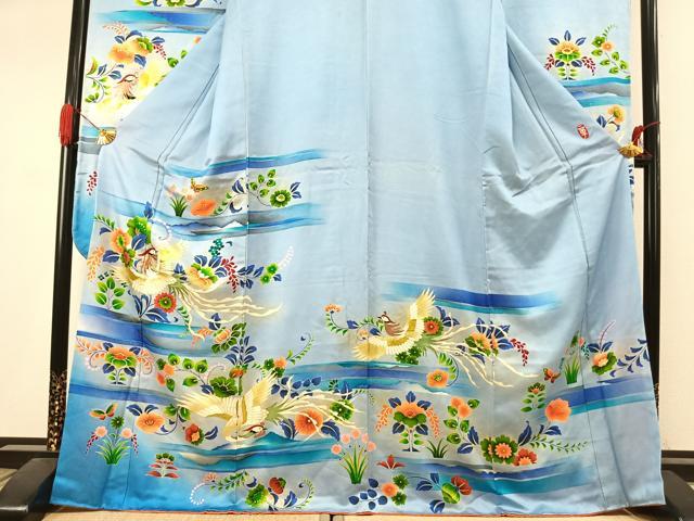 平和屋着物●本手描友禅作家　秋山章　振袖　舞蝶花鳥文　暈し染め　金彩　正絹　逸品　AABK1061fy