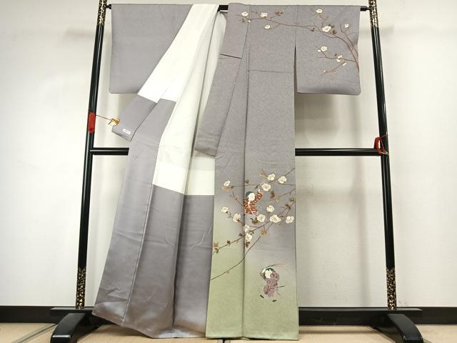 平和屋着物●友禅作家の巨匠　浅井青仁　訪問着　人物枝花文　暈し染め　金彩　正絹　逸品　AABK1067fy