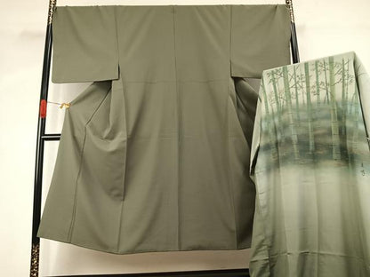 平和屋着物●男性　色無地　アンサンブル　長襦袢(袷)セット　松葉色　逸品　AABK1073fy