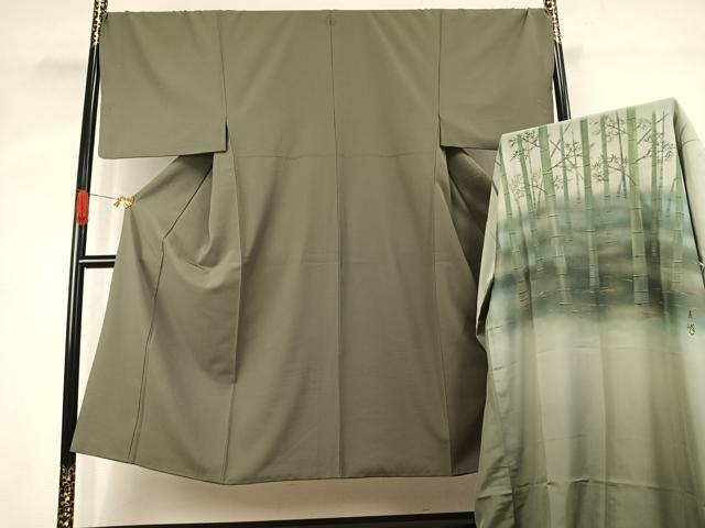 平和屋着物●男性　色無地　アンサンブル　長襦袢(袷)セット　松葉色　逸品　AABK1073fy