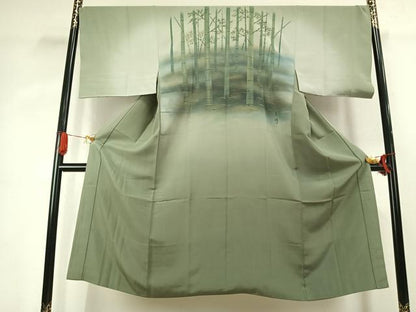 平和屋着物●男性　色無地　アンサンブル　長襦袢(袷)セット　松葉色　逸品　AABK1073fy