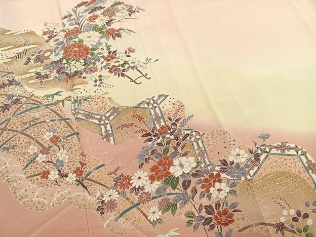平和屋着物●訪問着　草花文　暈し染め　金彩　正絹　逸品　AABK1078fy