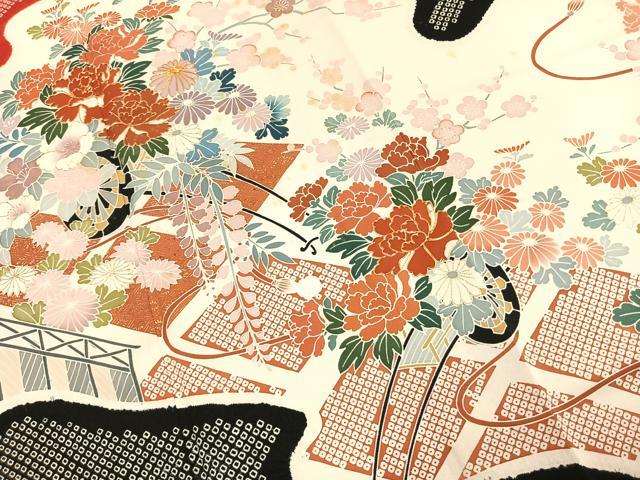 平和屋着物●豪華振袖　駒刺繍　絞り　片輪車花文　金彩　正絹　逸品　AABK1079fy