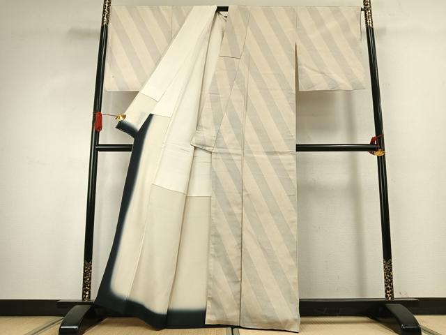 平和屋着物●本塩沢　110亀甲　斜縞　正絹　逸品　AABK1087fy