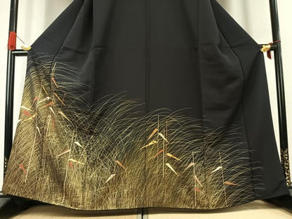 平和屋着物●訪問着　刺繍　芝草文　黒地　金彩　正絹　逸品　未使用　AABK1108fy