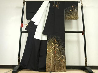 平和屋着物●訪問着　刺繍　芝草文　黒地　金彩　正絹　逸品　未使用　AABK1108fy
