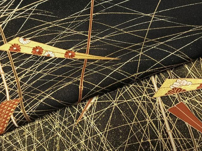 平和屋着物●訪問着　刺繍　芝草文　黒地　金彩　正絹　逸品　未使用　AABK1108fy
