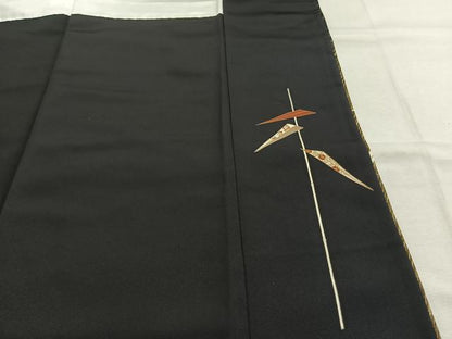 平和屋着物●訪問着　刺繍　芝草文　黒地　金彩　正絹　逸品　未使用　AABK1108fy