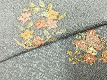 平和屋着物●色留訪問着　花蝶文　灰青色　金彩　正絹　逸品　未使用　AABK1110fy