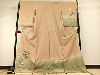 平和屋着物●京友禅　阪東峰彩　訪問着　草花文　暈し染め　浜ちりめん　仮絵羽　正絹　逸品　未使用　AABK1116fy