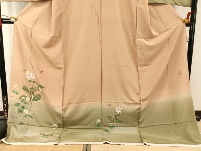 平和屋着物●京友禅　阪東峰彩　訪問着　草花文　暈し染め　浜ちりめん　仮絵羽　正絹　逸品　未使用　AABK1116fy