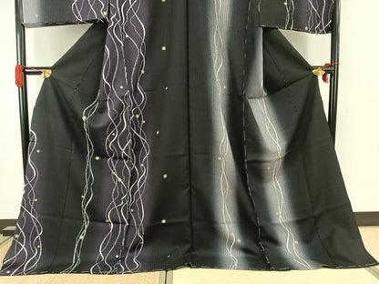 平和屋着物●訪問着　抽象文　暈し染め　黒地　金彩　上代39万円　仮絵羽　正絹　逸品　未使用　AABK1125fy