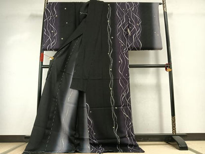 平和屋着物●訪問着　抽象文　暈し染め　黒地　金彩　上代39万円　仮絵羽　正絹　逸品　未使用　AABK1125fy