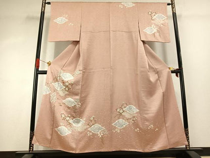 平和屋着物●訪問着　駒刺繍　絞り　草花文　金糸　金彩　正絹　逸品　AABK1127fy