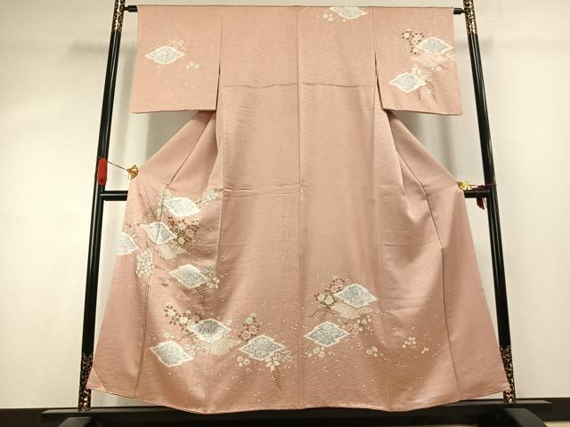 平和屋着物●訪問着　駒刺繍　絞り　草花文　金糸　金彩　正絹　逸品　AABK1127fy