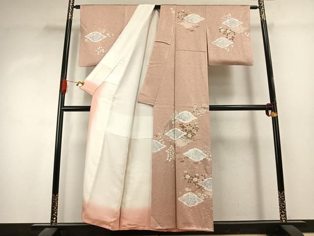平和屋着物●訪問着　駒刺繍　絞り　草花文　金糸　金彩　正絹　逸品　AABK1127fy