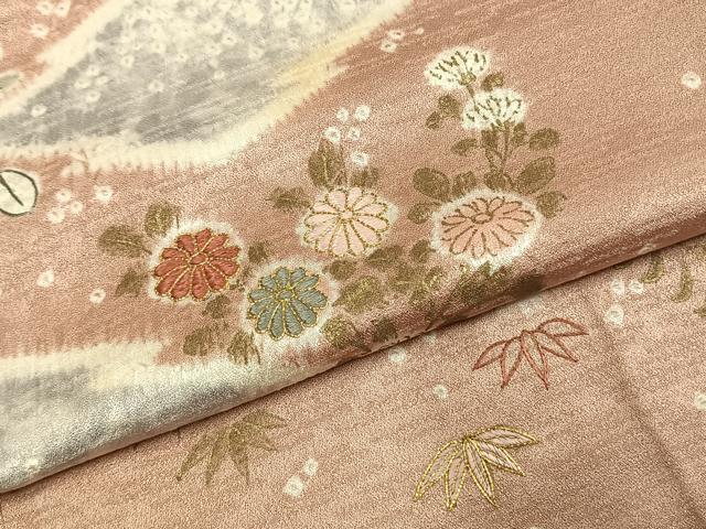平和屋着物●訪問着　駒刺繍　絞り　草花文　金糸　金彩　正絹　逸品　AABK1127fy