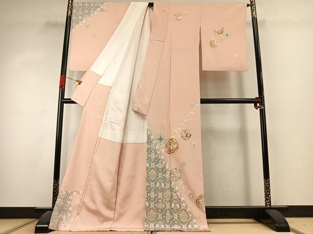 平和屋着物●訪問着　駒刺繍　花鳥文　暈し染め　金彩　ロング丈　正絹　逸品　AABK1133fy