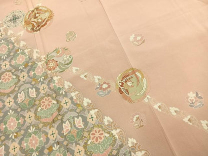 平和屋着物●訪問着　駒刺繍　花鳥文　暈し染め　金彩　ロング丈　正絹　逸品　AABK1133fy