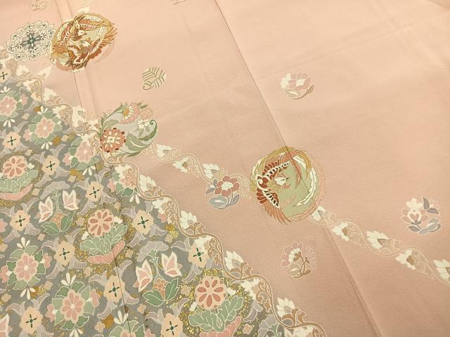 平和屋着物●訪問着　駒刺繍　花鳥文　暈し染め　金彩　ロング丈　正絹　逸品　AABK1133fy