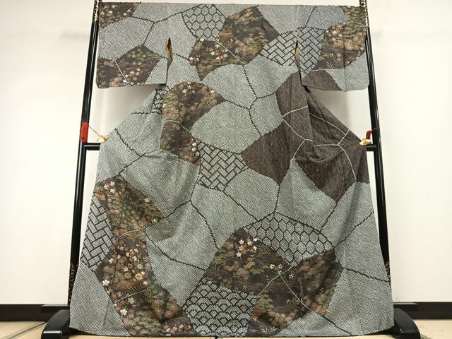 平和屋着物●訪問着　絞り　切嵌花文　金彩　ロング丈　正絹　逸品　AABK1135fy