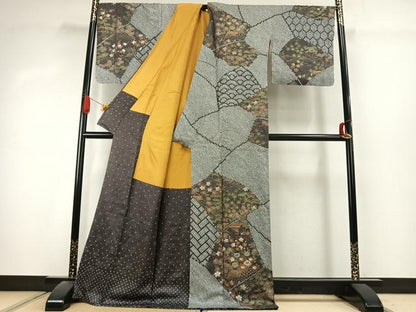平和屋着物●訪問着　絞り　切嵌花文　金彩　ロング丈　正絹　逸品　AABK1135fy
