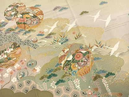 平和屋着物●訪問着　駒刺繍　雪輪花鳥文　暈し染め　金彩　正絹　逸品　AABK1140fy
