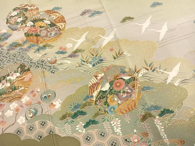 平和屋着物●訪問着　駒刺繍　雪輪花鳥文　暈し染め　金彩　正絹　逸品　AABK1140fy