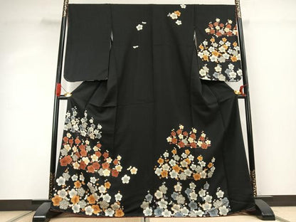 平和屋着物●訪問着　枝梅文　黒地　金彩　正絹　逸品　未使用　AABK1142fy
