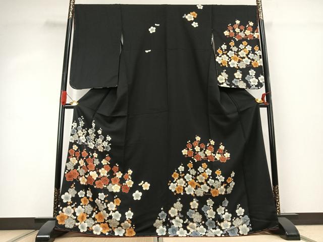 平和屋着物●訪問着　枝梅文　黒地　金彩　正絹　逸品　未使用　AABK1142fy