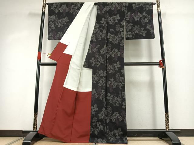 平和屋着物●結城紬　100亀甲　葡萄蔦の葉文　正絹　逸品　AABK1148fy