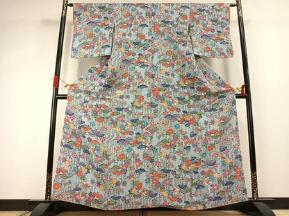 平和屋着物●上質な小紋　型染め　雪輪花蝶文　鬼しぼ縮緬　正絹　逸品　AABK1153fy