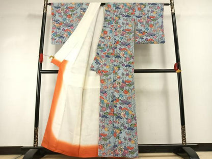 平和屋着物●上質な小紋　型染め　雪輪花蝶文　鬼しぼ縮緬　正絹　逸品　AABK1153fy