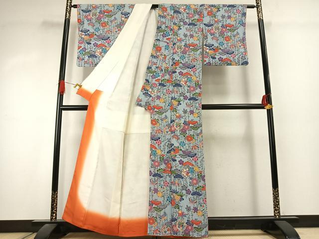 平和屋着物●上質な小紋　型染め　雪輪花蝶文　鬼しぼ縮緬　正絹　逸品　AABK1153fy