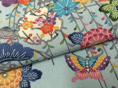 平和屋着物●上質な小紋　型染め　雪輪花蝶文　鬼しぼ縮緬　正絹　逸品　AABK1153fy