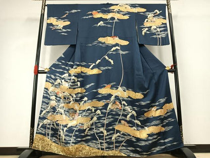 平和屋着物●訪問着　駒刺繍　扇面枝松文　金彩　正絹　逸品　AABK1171fy
