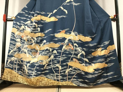 平和屋着物●訪問着　駒刺繍　扇面枝松文　金彩　正絹　逸品　AABK1171fy
