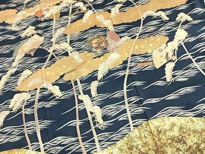 平和屋着物●訪問着　駒刺繍　扇面枝松文　金彩　正絹　逸品　AABK1171fy