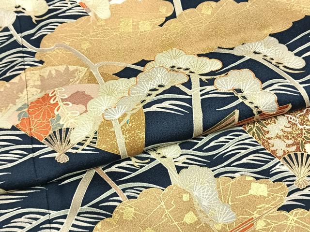 平和屋着物●訪問着　駒刺繍　扇面枝松文　金彩　正絹　逸品　AABK1171fy