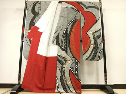 平和屋着物●豪華振袖　総絞り　駒刺繍　花唐草文　金糸　金銀彩　正絹　逸品　AABK1175fy