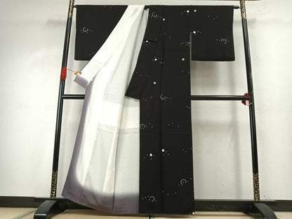 平和屋着物●上質な小紋　絞り　幾何学文様　黒地　正絹　逸品　AABK1183fy