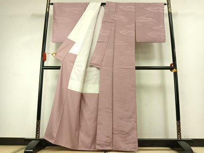 平和屋着物●上質な色無地　雲取り地紋　薄柿色　正絹　逸品　AABK1184fy