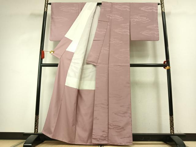 平和屋着物●上質な色無地　雲取り地紋　薄柿色　正絹　逸品　AABK1184fy