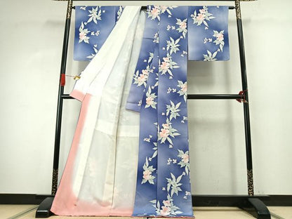 平和屋着物●上質な小紋　地紋起こし　草花文　暈し染め　ロング丈　正絹　逸品　未使用　AABK1187fy