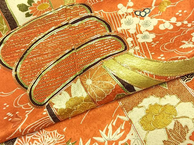 平和屋着物●豪華振袖　駒刺繍　束ね熨斗花文　金彩　正絹　逸品　AABK1193fy