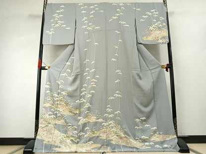 平和屋着物●訪問着　駒刺繍　松竹梅　風景文　金彩　ロング丈　正絹　逸品　AABK1197fy