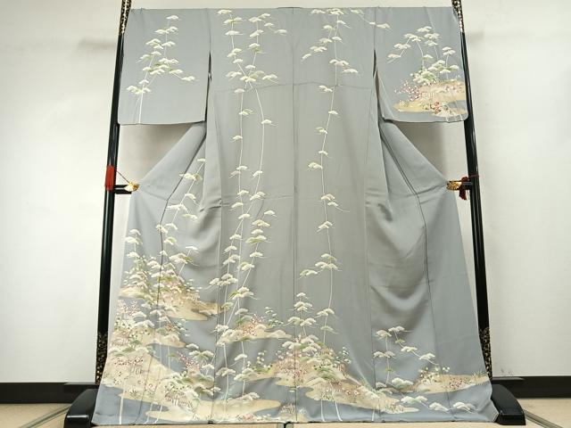 平和屋着物●訪問着　駒刺繍　松竹梅　風景文　金彩　ロング丈　正絹　逸品　AABK1197fy