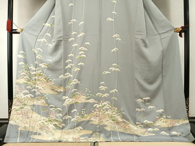 平和屋着物●訪問着　駒刺繍　松竹梅　風景文　金彩　ロング丈　正絹　逸品　AABK1197fy