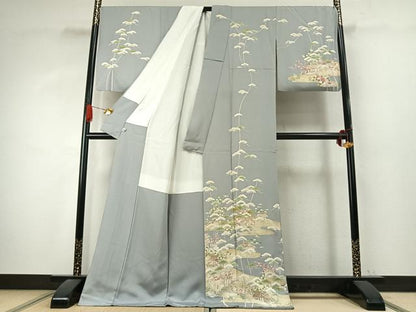 平和屋着物●訪問着　駒刺繍　松竹梅　風景文　金彩　ロング丈　正絹　逸品　AABK1197fy