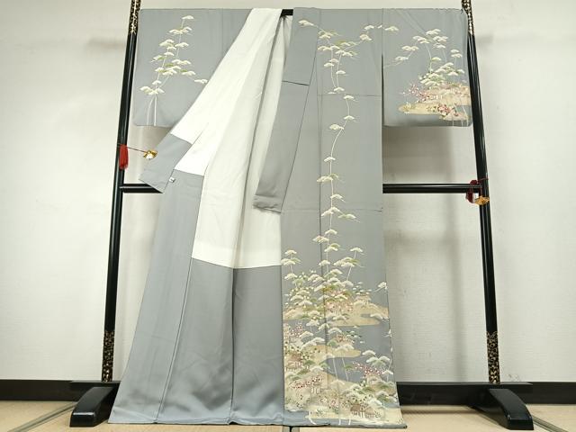 平和屋着物●訪問着　駒刺繍　松竹梅　風景文　金彩　ロング丈　正絹　逸品　AABK1197fy